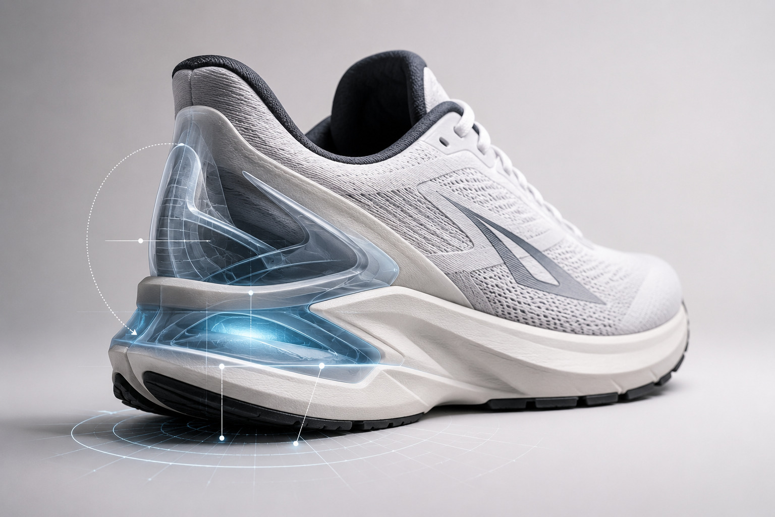 Close-up of the heel counter and midsole base of a stability shoe showing the structural components that provide ankle support