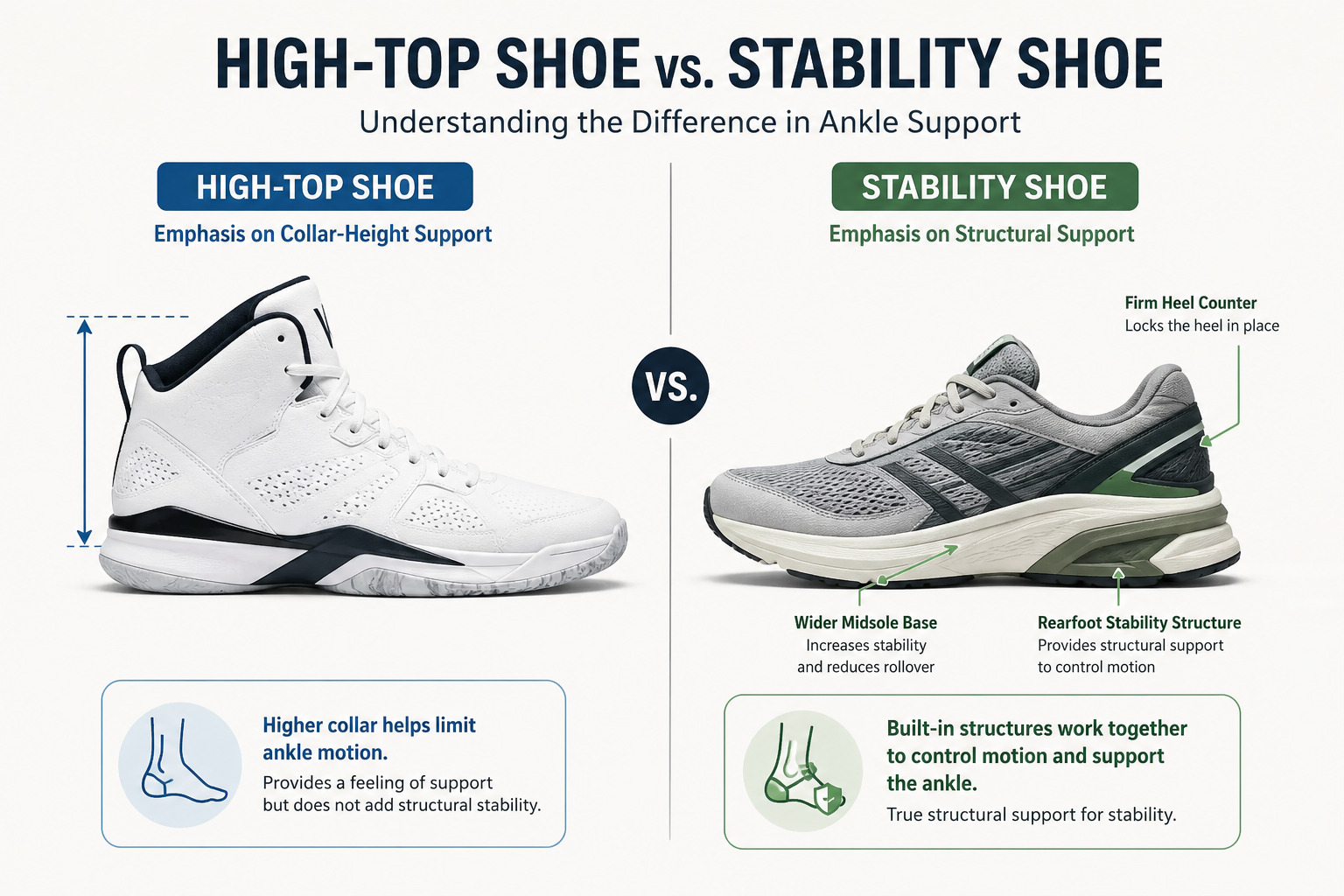Diagram comparing the structural components of a high-top shoe versus a stability shoe with firm heel counter and wide midsole base