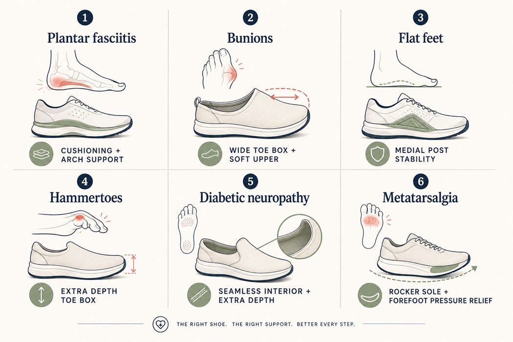 Grid showing six foot conditions and the primary shoe construction feature each one requires - plantar fasciitis, bunions, flat feet, hammertoes, diabetic neuropathy, metatarsalgia
