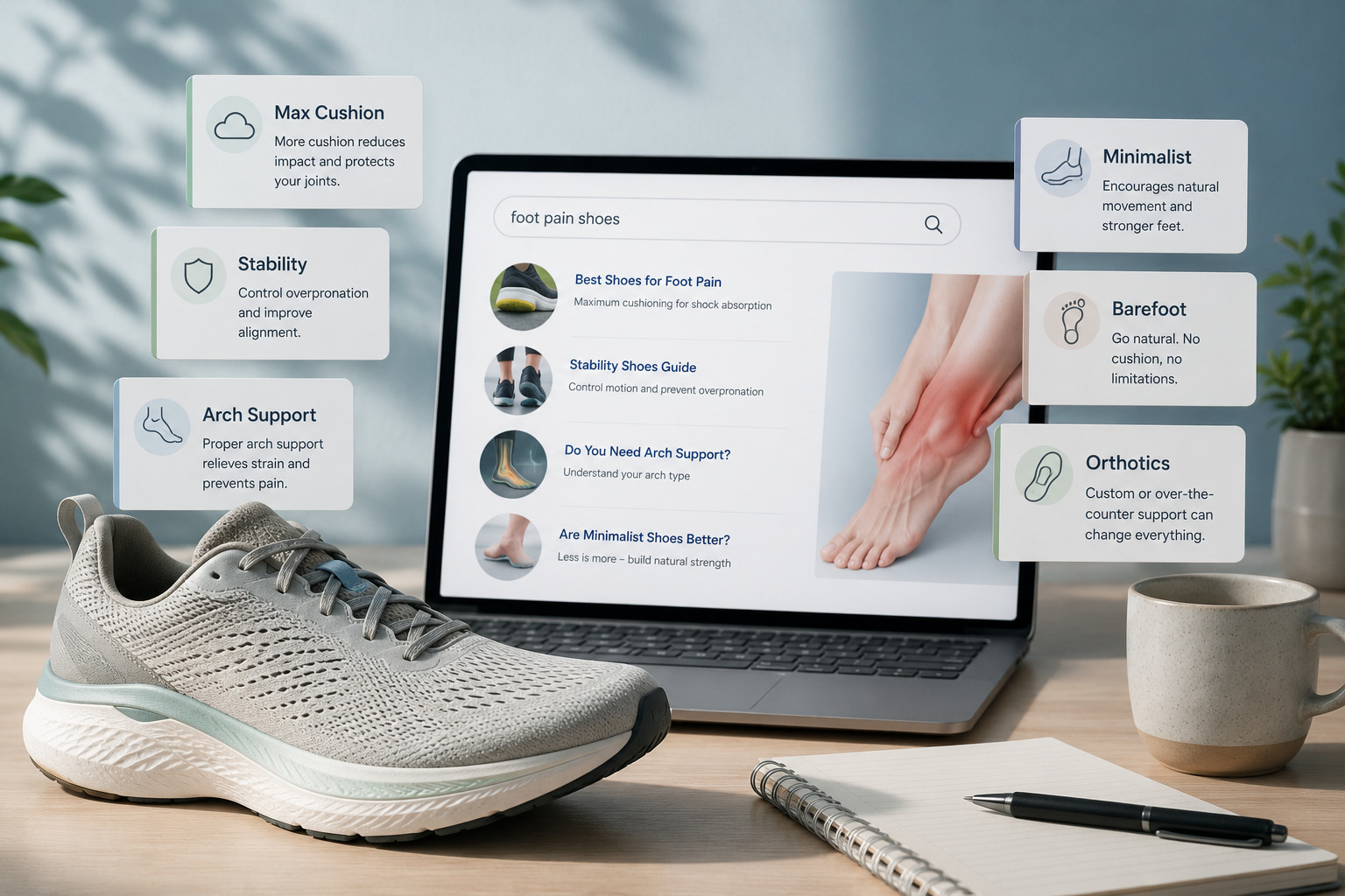 Person sitting at a laptop surrounded by conflicting printouts and browser tabs showing different foot pain advice from different sources