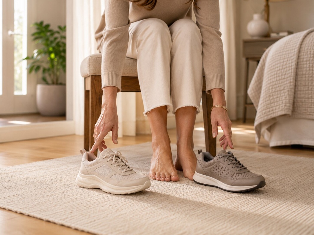 Older adult putting on walking shoes at home - footwear choice plays a bigger role in fall prevention than most people realize