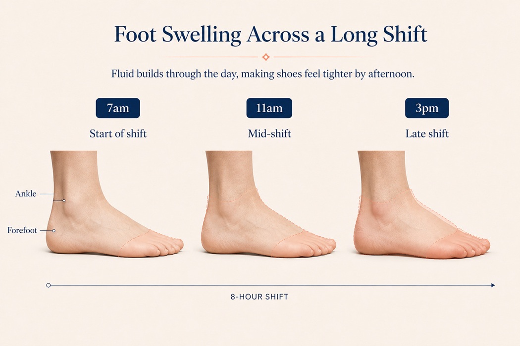 Diagram showing foot dimensional changes across an eight hour shift with increasing fluid accumulation in the forefoot and ankle regions