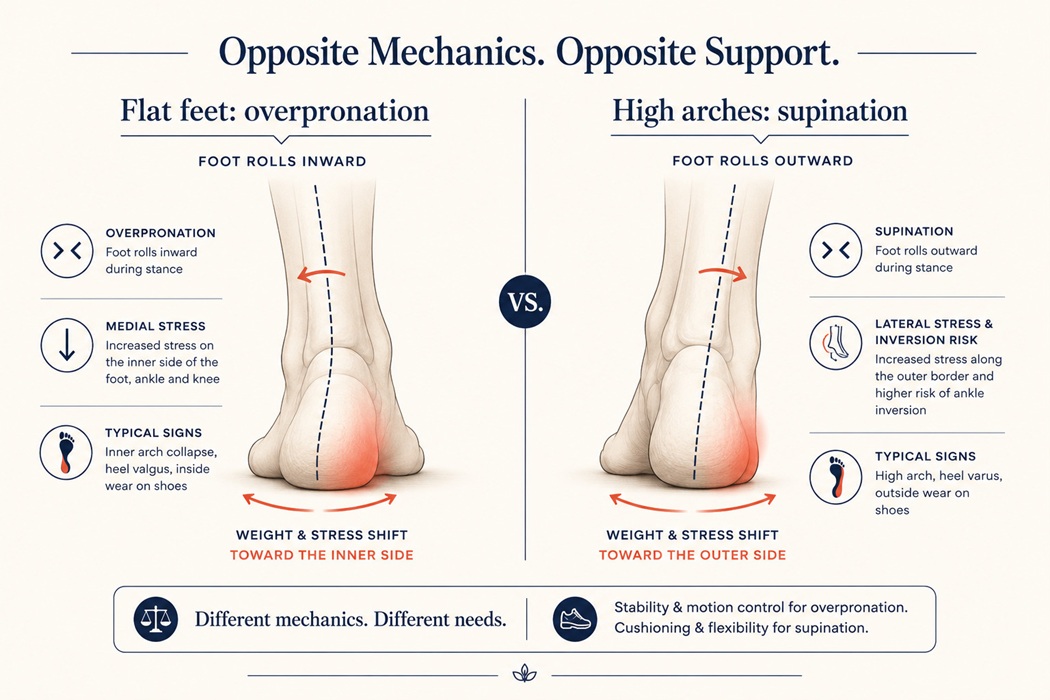 Gait analysis diagram comparing overpronation in flat feet rolling inward versus supination in high arches rolling outward, showing opposite mechanical directions and different stress points