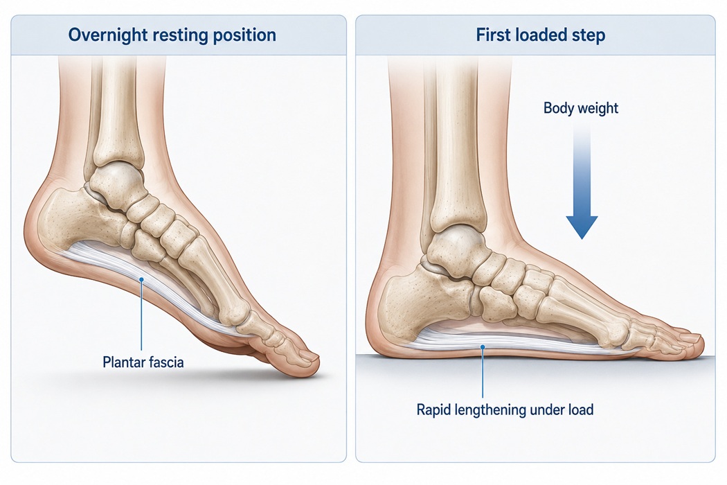 Diagram showing foot in plantarflexed overnight position versus loaded standing position and plantar fascia lengthening