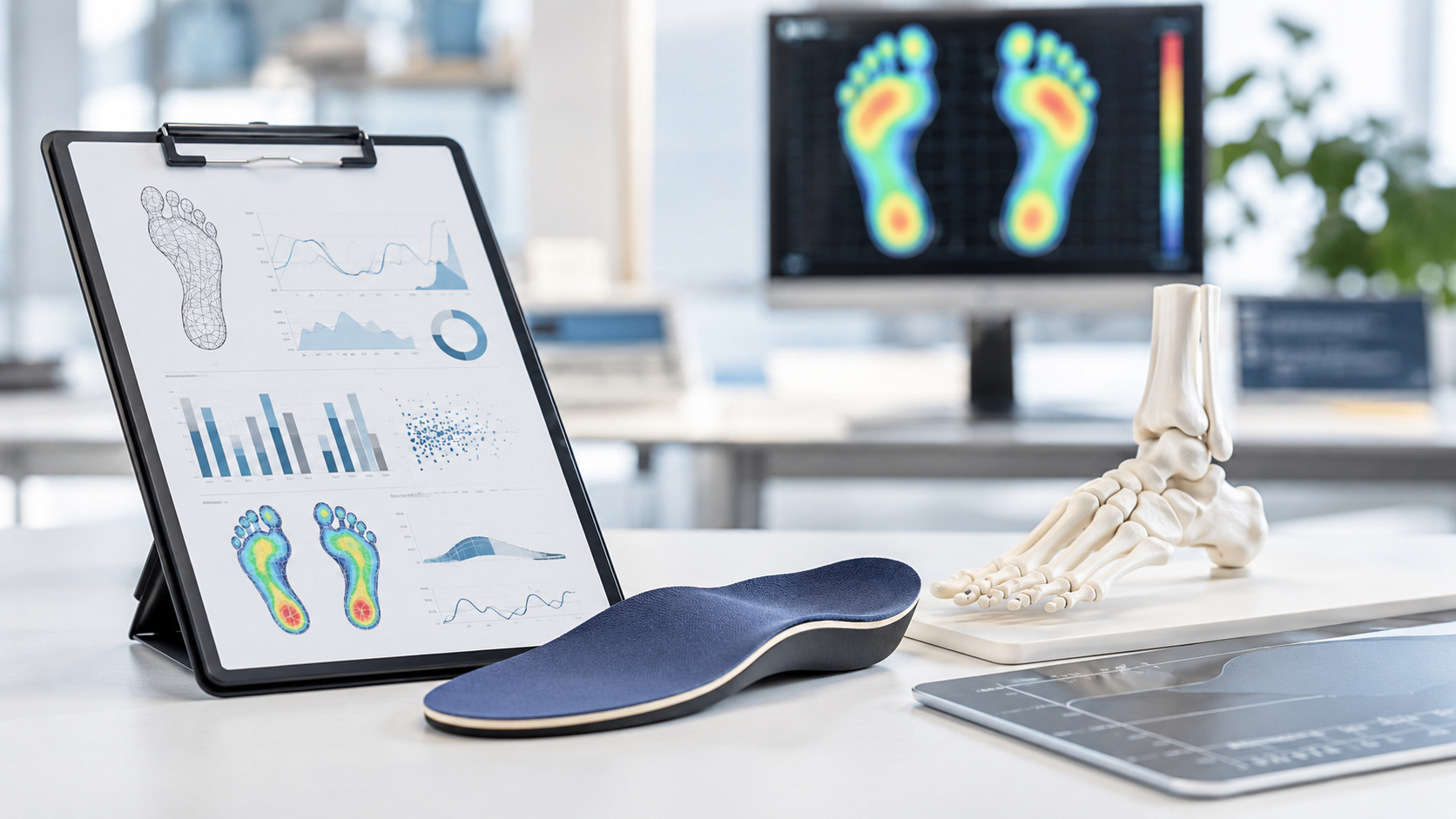 Custom orthotic, OTC insole, and supportive shoe displayed side by side showing the three intervention options