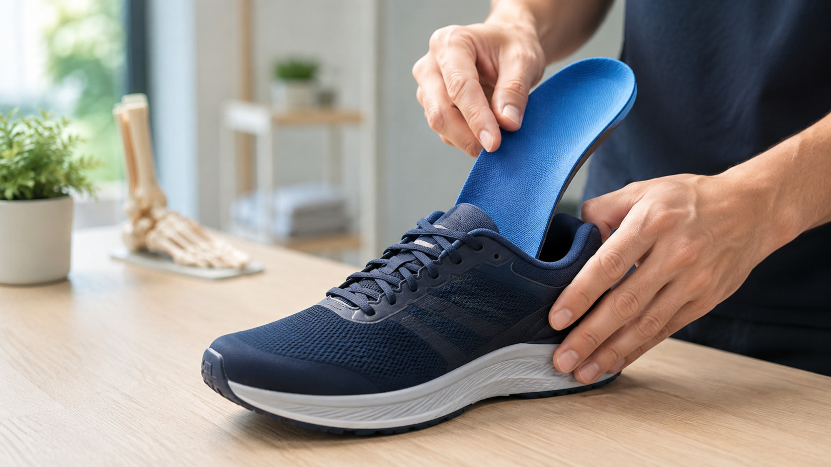 OTC insole being placed into a supportive shoe showing the combined intervention approach