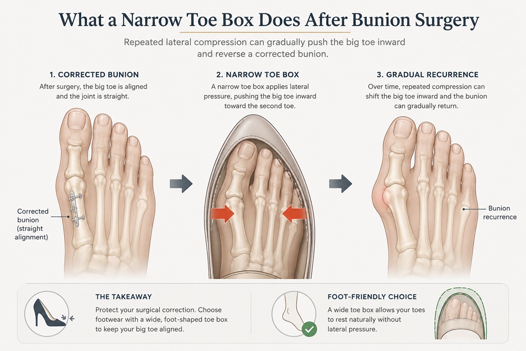 Diagram showing how narrow toe box footwear applies compressive force to a corrected bunion joint