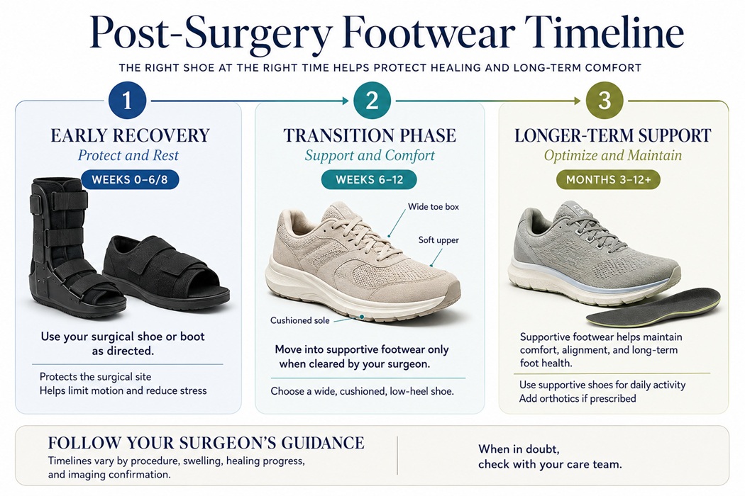 HOKA Bondi 9, New Balance 928v3, and Orthofeet Edgewater - the three most recommended post-surgical transition shoes