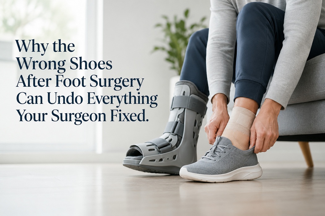 Post-surgical transition shoes laid out on a recovery surface - HOKA Bondi 9 and New Balance 928v3 for foot surgery recovery. Person in post-surgical recovery transitioning from a CAM boot to a supportive sneaker, with bandaged foot - illustrating the critical footwear decision after foot surgery