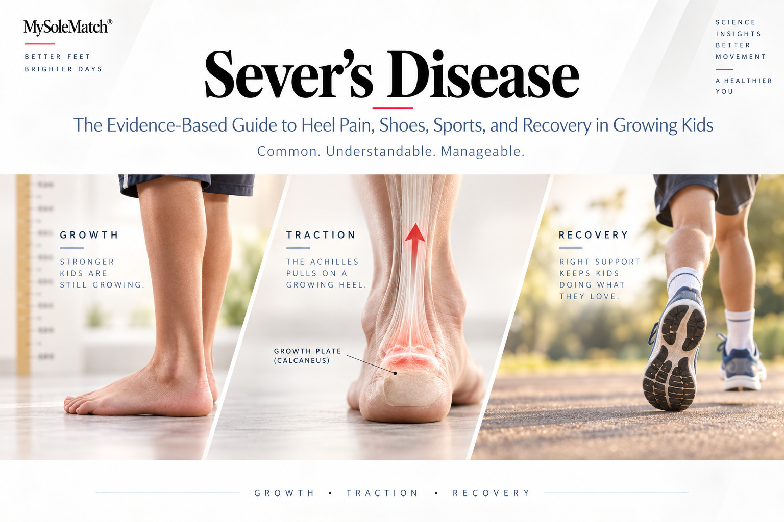 Sever's disease guide banner showing growth, traction, and recovery in young athletes