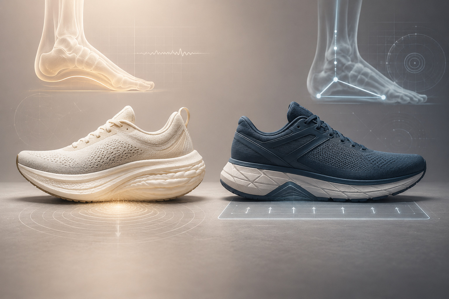 Cross-section of two shoes side by side - one maximally cushioned, one stability-focused - showing different midsole constructions