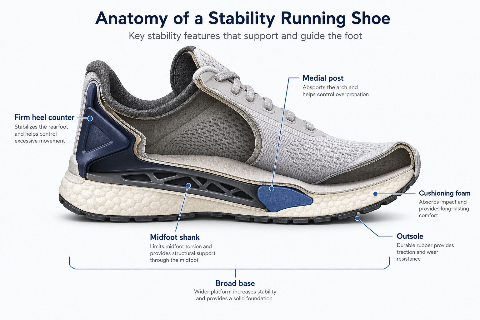Diagram showing medial post and heel counter inside a stability shoe midsole cross-section