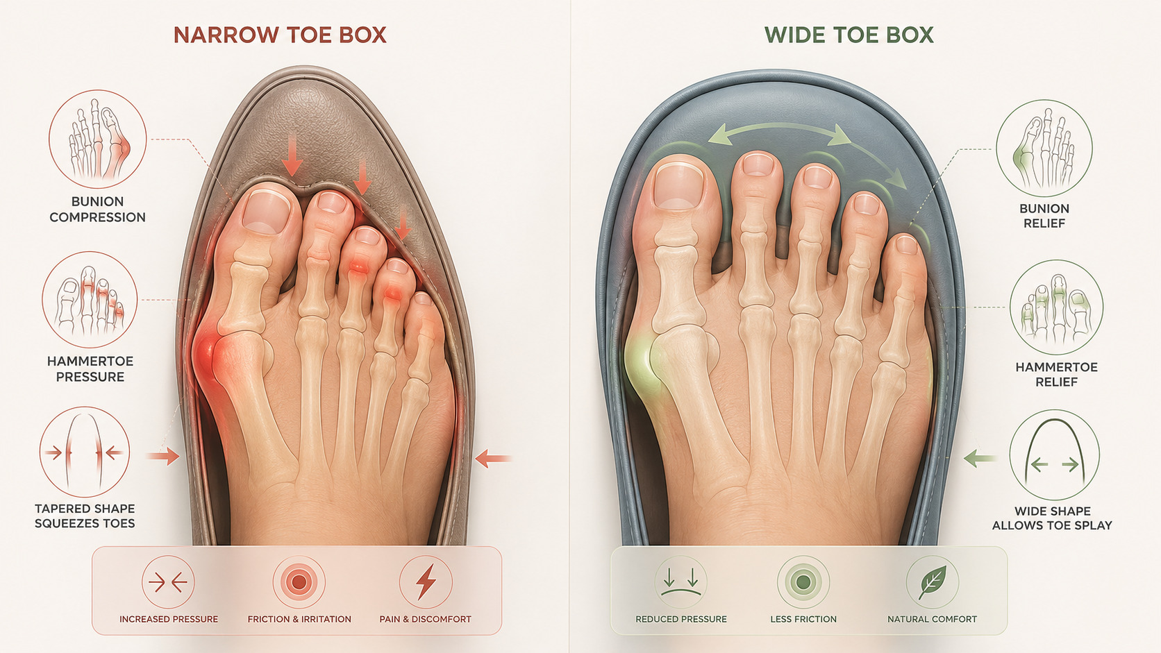 Diagram showing how a narrow toe box compresses bunions and hammertoes compared to the relief provided by a wide toe box